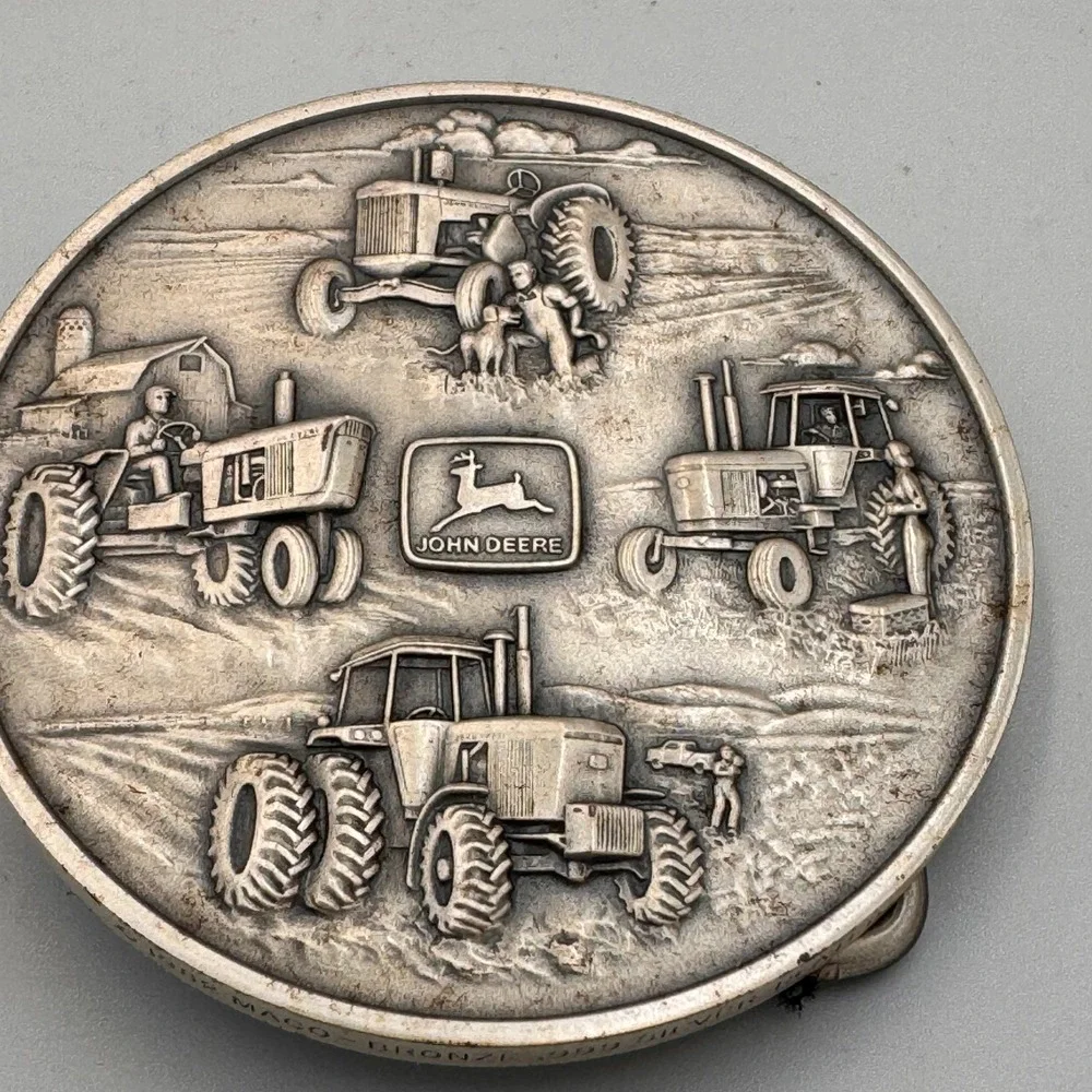 Vintage 1982 John Deere MACO Bronze .999 Silver Plate Tractor Belt Buckle Round